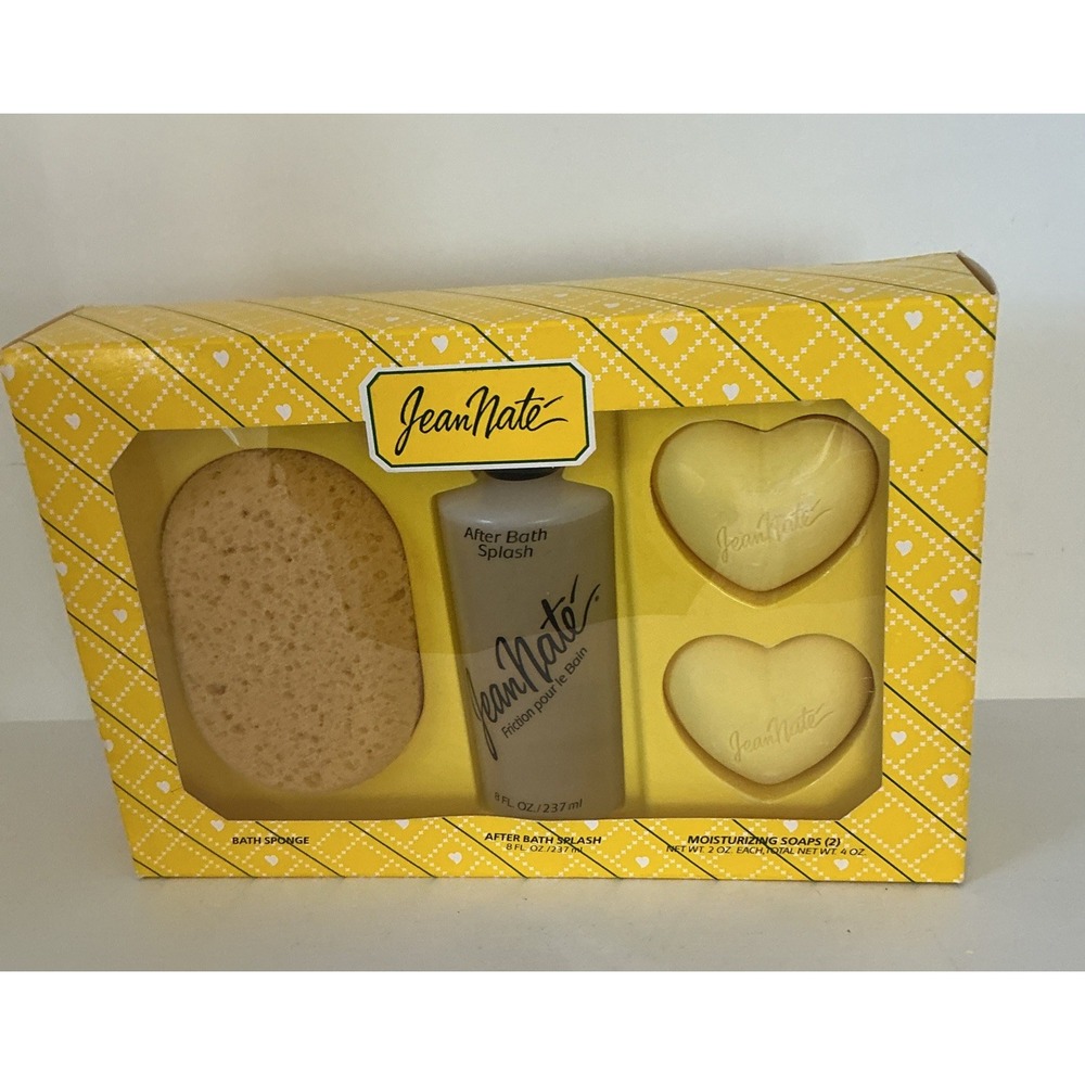 Vintage Jean Nate Gift Set After Bath Splash -Sponge -Moisturizing Soaps New!